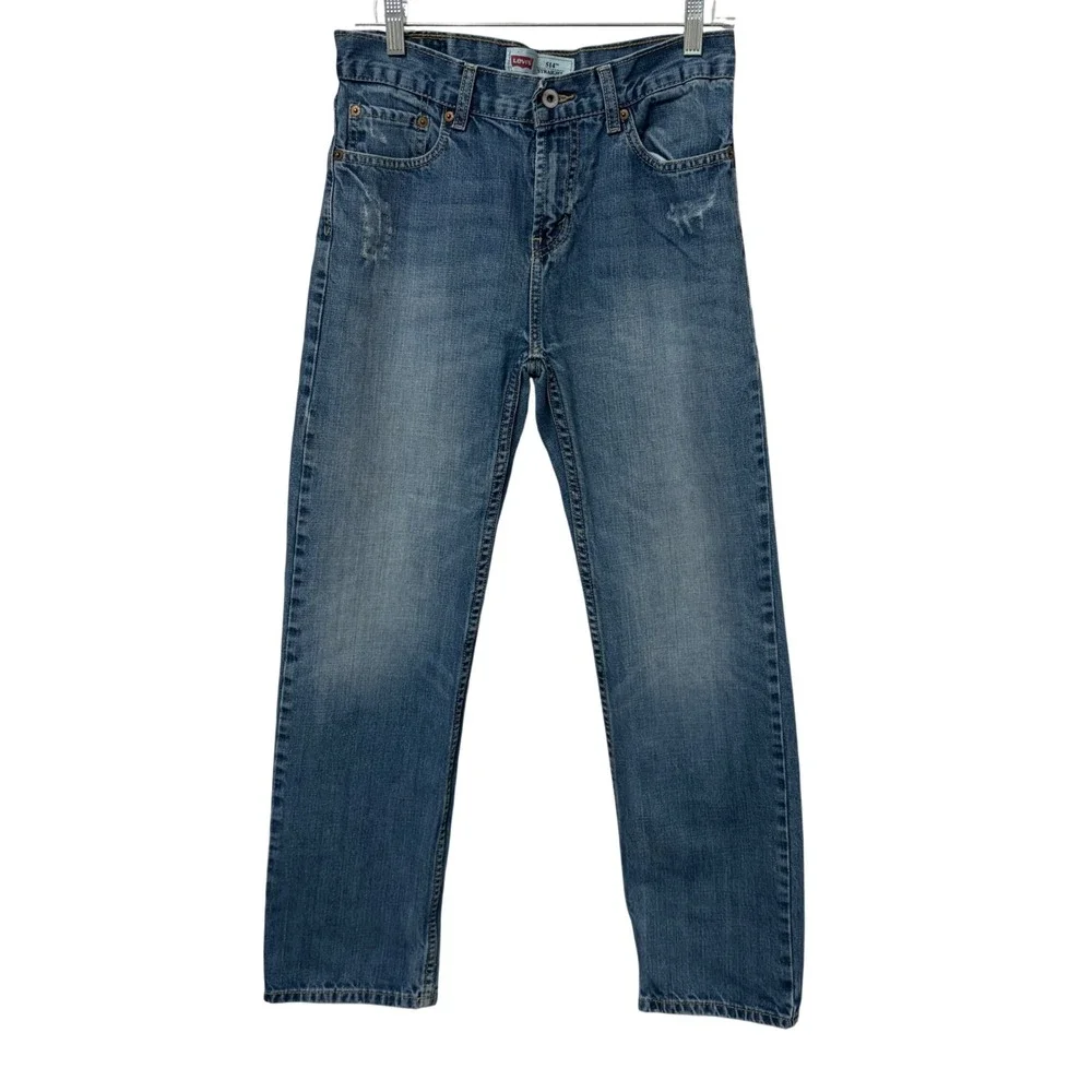 Levis 514 Straight Leg Jeans Medium Wash Blue Distressed Denim 29x29 Size 18 Reg